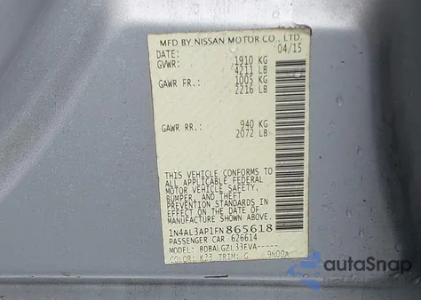 2015 Nissan Altima 2.5/2.5 S/2.5 Sl/2.5 Sv from USA, damaged, VIN 1N4AL3AP1FN865618